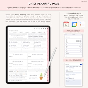 May include: A digital planner on a tablet with a white stylus. The planner features a daily planning page with to-do lists, a calendar, and the text "DAILY PLANNING PAGE". The image also shows Apple and Google calendar integration.