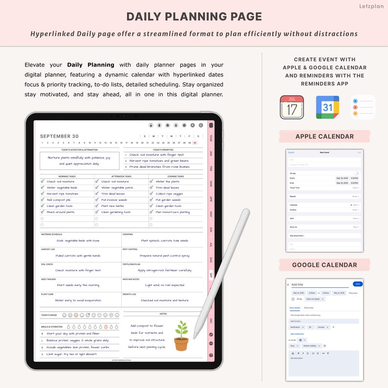 May include: A digital planner on a tablet with a white stylus. The planner features a daily planning page with to-do lists, a calendar, and the text "DAILY PLANNING PAGE". The image also shows Apple and Google calendar integration.