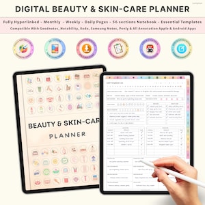 Beauty Digital Skincare Planner for Her Glow Up Journal Makeup Tracker Skin Care Logbook Routine Checklist Haircare and Self-Care Organizer
