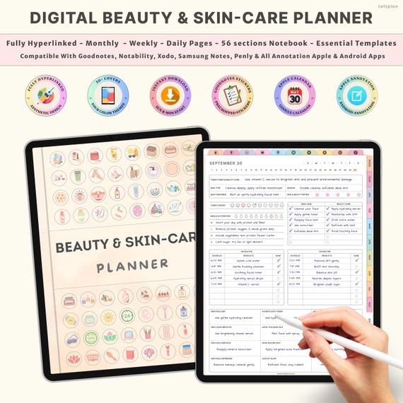 Beauty Digital Skincare Planner for Her Glow Up Journal Makeup Tracker Skin Care Logbook Routine Checklist Haircare and Self-Care Organizer