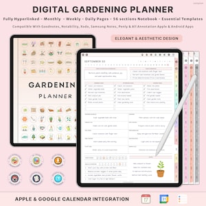 May include: A digital gardening planner displayed on a tablet, featuring a detailed layout with sections for monthly, weekly, and daily planning. The planner includes essential templates and is compatible with various note-taking apps. The text "GARDENING PLANNER" is visible.