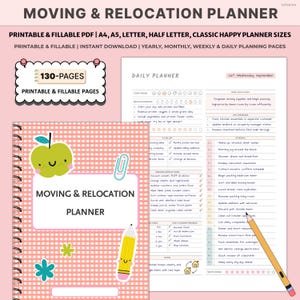 May include: A pink and white gingham Moving & Relocation Planner with a spiral binding. The cover features an apple graphic, the text "MOVING & RELOCATION PLANNER", and a pencil illustration. Includes daily, weekly, and monthly planning pages.