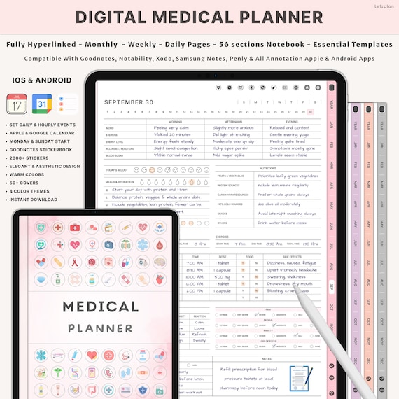 Digital Medical Planner Template | Health Organizer | Medical Binder | Medication Tracker | Symptom Tracker | Health Journal PDF