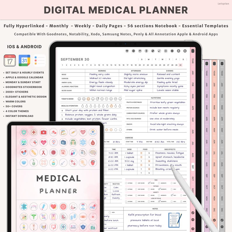 Pu&ograve; includere: Pianificatore medico digitale su tablet e dispositivo pi&ugrave; piccolo. Il pianificatore include sezioni giornaliere, settimanali e mensili, compatibile con iOS e Android. Include calendario, adesivi e design estetico. Il testo "MEDICAL PLANNER" &egrave; visibile.