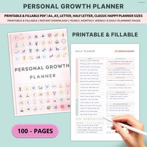 Könnte beinhalten: Ein druckbarer und ausfüllbarer persönlicher Wachstumsplaner mit rosa Einband und einer täglichen Planerseite. Das Cover zeigt Symbole und den Text "PERSONAL GROWTH PLANNER". Der Tagesplaner enthält Abschnitte für Ziele und Aufgaben.