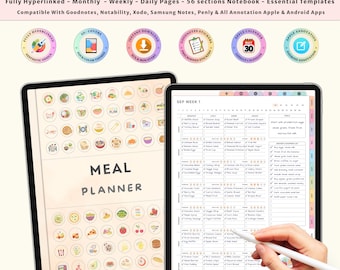 iPad Meal Planer für GoodNotes | Digitales Wochentagebuch | Einkaufsliste | Rezeptbuch | Meal Prep Organizer & Food Tracker