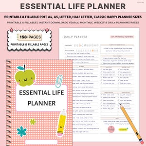 May include: A pink and white checkered Essential Life Planner with a spiral binding. The cover features an apple graphic and the text "Essential Life Planner." The image also shows daily planner pages with checklists and a pencil.