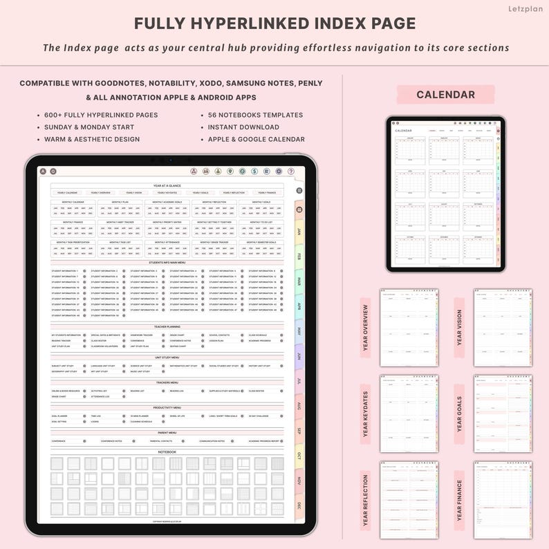 Pu&ograve; includere: Un'agenda digitale visualizzata su un tablet, con un calendario e varie sezioni di pianificazione. L'agenda presenta una combinazione di colori rosa e bianco, con testo come "Year Overview", "Year Goals" e "Calendar". L'immagine mostra anche un tablet pi&ugrave; piccolo che mostra il calendario.