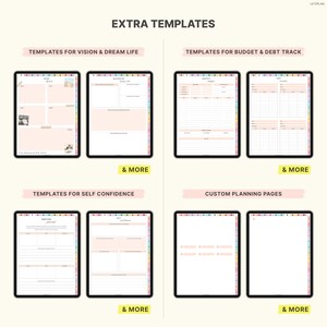 May include: Digital planner templates displayed on tablets. The image shows templates for vision, dream life, budget, debt tracking, self-confidence, and custom planning pages. The text reads "EXTRA TEMPLATES" and "& MORE". The pages have a soft pink and white color scheme.
