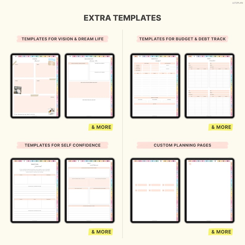 May include: Digital planner templates displayed on tablets. The image shows templates for vision, dream life, budget, debt tracking, self-confidence, and custom planning pages. The text reads "EXTRA TEMPLATES" and "& MORE". The pages have a soft pink and white color scheme.