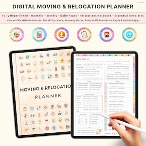 May include: Two digital tablets displaying a "Digital Moving & Relocation Planner." The planner includes sections for monthly, weekly, and daily planning, with 56 sections and essential templates. The tablets are compatible with various note-taking apps.