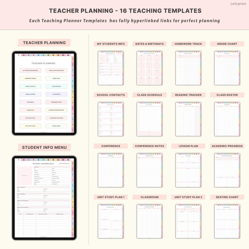 May include: Digital teacher planner with 16 teaching templates. The planner includes sections for student info, dates, homework, and grades. Other templates include class schedules, reading trackers, and lesson plans. The planner is displayed on a tablet.