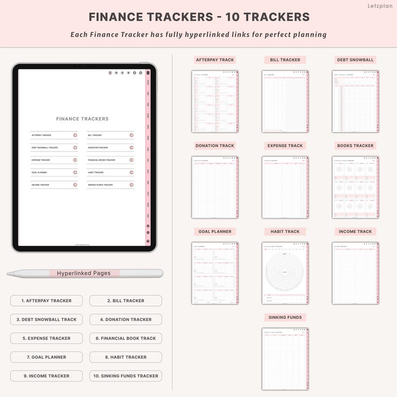 May include: A digital finance tracker with 10 hyperlinked pages, including Afterpay, Bill, Debt Snowball, Donation, Expense, Financial Book, Goal, Habit, Income, and Sinking Funds trackers. The tablet is black, and the pages have a pink border.