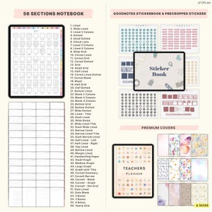 May include: Digital notebook and planner templates for GoodNotes, featuring 56 sections, sticker books, and teacher planners. Includes lined, dotted, grid, and Cornell note layouts. Premium covers are also shown.