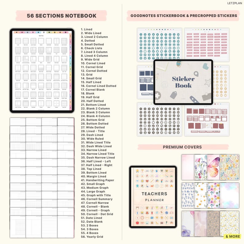 May include: Digital notebook and planner templates for GoodNotes, featuring 56 sections, sticker books, and teacher planners. Includes lined, dotted, grid, and Cornell note layouts. Premium covers are also shown.