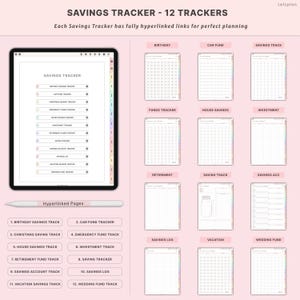 May include: Digital savings tracker with 12 hyperlinked trackers, including birthday, car fund, and vacation savings. The tablet displays a savings tracker interface with a stylus. The background is light pink.