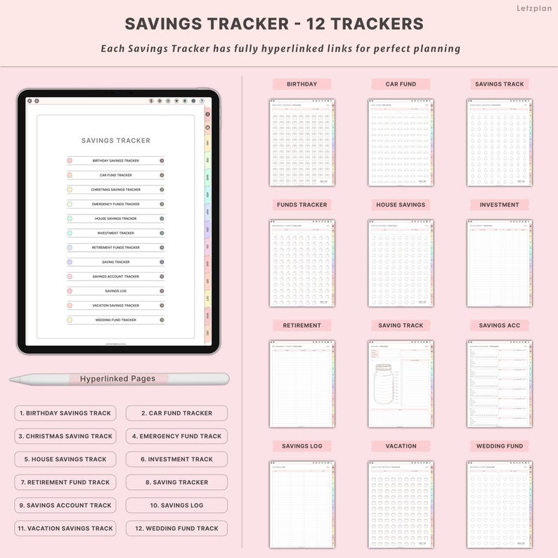 May include: Digital savings tracker with 12 hyperlinked trackers, including birthday, car fund, and vacation savings. The tablet displays a savings tracker interface with a stylus. The background is light pink.