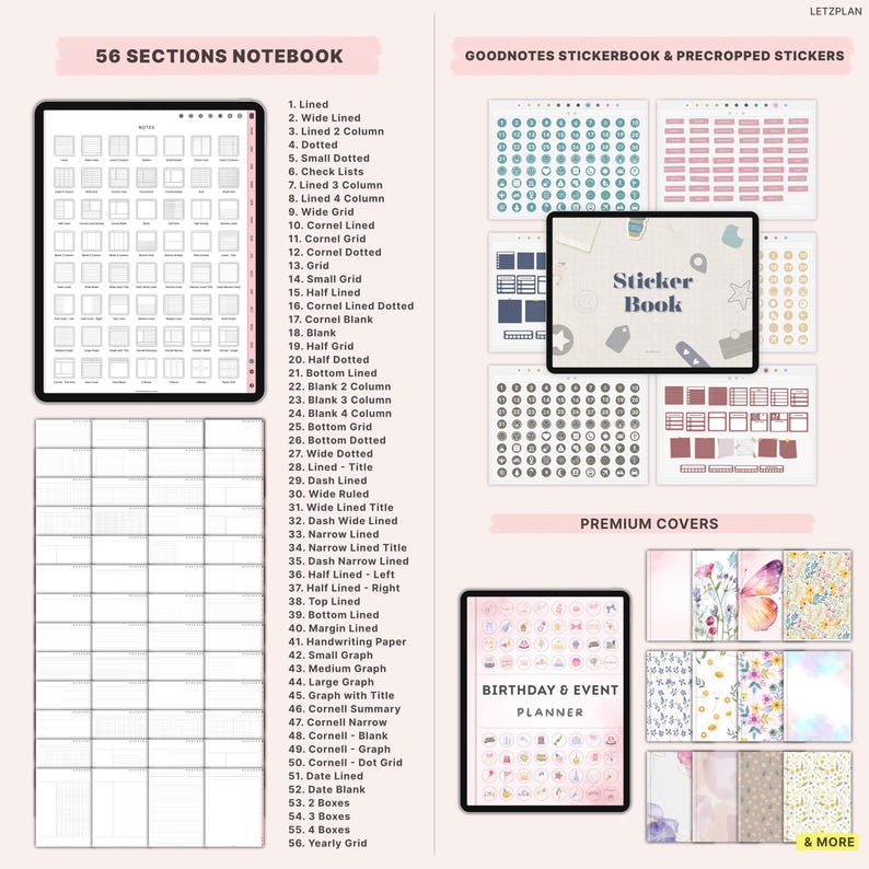 May include: Digital planner product display. Includes a 56 sections notebook, sticker book, and birthday & event planner. The image shows various digital notebook layouts, sticker designs, and planner covers. Text includes "56 Sections Notebook" and "Goodnotes Stickerbook & Precropped Stickers."