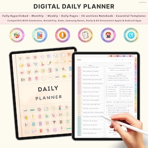 May include: Two digital tablets displaying a digital daily planner. The planner features a beige background with a grid layout, and the text "DAILY PLANNER" is prominently displayed. The image includes icons and text such as "Fully Hyperlinked" and "56 sections Notebook".