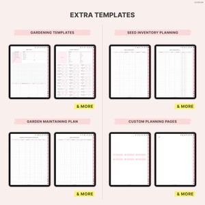 May include: Digital planner templates displayed on black tablets. The image features templates for gardening, seed inventory, and custom planning. Text includes "EXTRA TEMPLATES", "GARDENING TEMPLATES", "SEED INVENTORY PLANNING", "GARDEN MAINTAINING PLAN", and "CUSTOM PLANNING PAGES".
