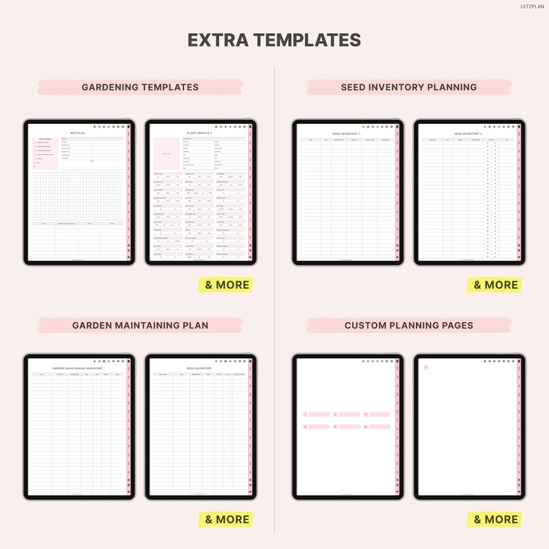 May include: Digital planner templates displayed on black tablets. The image features templates for gardening, seed inventory, and custom planning. Text includes "EXTRA TEMPLATES", "GARDENING TEMPLATES", "SEED INVENTORY PLANNING", "GARDEN MAINTAINING PLAN", and "CUSTOM PLANNING PAGES".