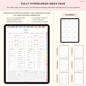 May include: A digital planner displayed on a tablet, featuring a fully hyperlinked index page. The image includes a calendar view and various planning templates. Text on the image includes "Fully Hyperlinked Index Page" and "Letzplan". The planner is compatible with Apple and Android apps.