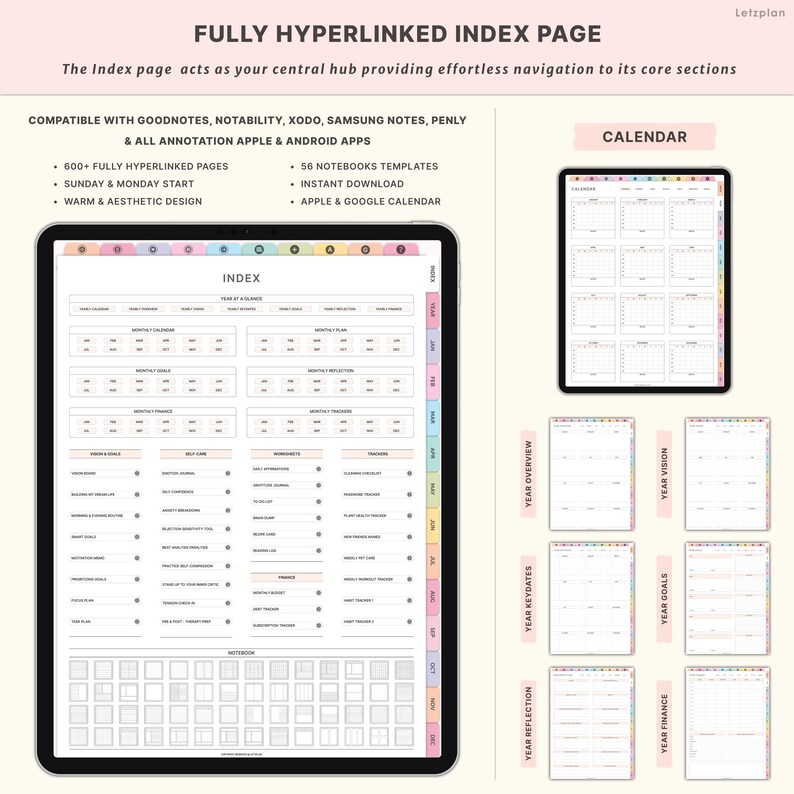 May include: A digital planner displayed on a tablet, featuring a fully hyperlinked index page. The image includes a calendar view and various planning templates. Text on the image includes "Fully Hyperlinked Index Page" and "Letzplan". The planner is compatible with Apple and Android apps.