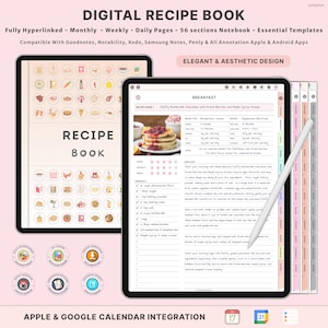 May include: Digital recipe book displayed on two tablets. The left tablet shows a cover with the text "RECIPE BOOK". The right tablet displays a recipe for pancakes. The text "ELEGANT & AESTHETIC DESIGN" is also visible.