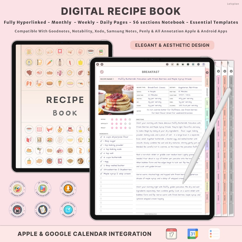 May include: Digital recipe book displayed on two tablets. The left tablet shows a cover with the text "RECIPE BOOK". The right tablet displays a recipe for pancakes. The text "ELEGANT & AESTHETIC DESIGN" is also visible.
