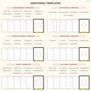 Op de afbeelding: Digitale sjablonen voor planning en organisatie. De afbeelding toont verschillende sjablonen, waaronder Brain Dump, Routine, Productiviteit, Medisch, Gezondheid en Zelfzorg menu's. Elk menu biedt meerdere sjablonen, zoals checklists, planners en trackers, met de tekst "& MORE" zichtbaar.