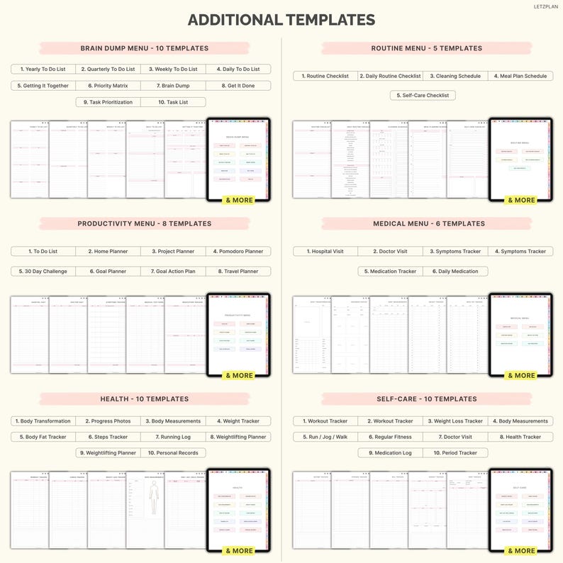 Op de afbeelding: Digitale sjablonen voor planning en organisatie. De afbeelding toont verschillende sjablonen, waaronder Brain Dump, Routine, Productiviteit, Medisch, Gezondheid en Zelfzorg menu's. Elk menu biedt meerdere sjablonen, zoals checklists, planners en trackers, met de tekst "& MORE" zichtbaar.