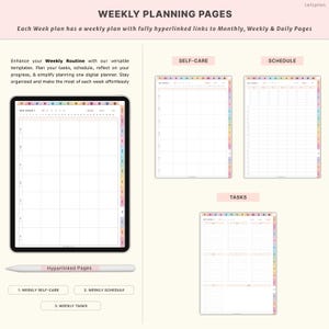 May include: Digital planner with weekly planning pages. The image shows a tablet displaying a weekly schedule layout, with colorful tabs and the text "Weekly Planning Pages." Additional pages for self-care, scheduling, and tasks are also displayed.