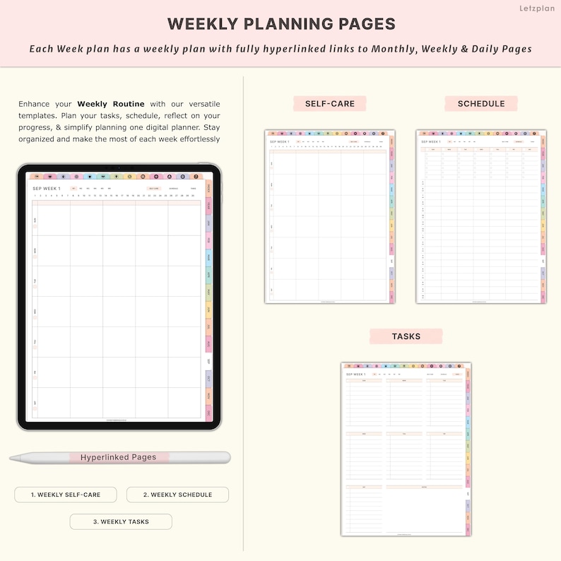 May include: Digital planner with weekly planning pages. The image shows a tablet displaying a weekly schedule layout, with colorful tabs and the text "Weekly Planning Pages." Additional pages for self-care, scheduling, and tasks are also displayed.