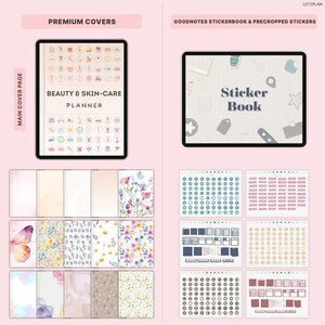 May include: Digital planner and sticker set featuring a beauty and skincare planner and a sticker book. The planner includes various icons and cover designs with floral and butterfly patterns. The sticker book has pre-cropped stickers.