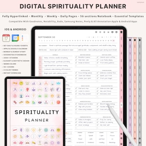 May include: Digital spirituality planner with daily, weekly, and monthly pages. The planner is compatible with iOS and Android devices. It includes a calendar, stickers, and various sections for spiritual practices. The text "SPIRITUALITY PLANNER" is visible.