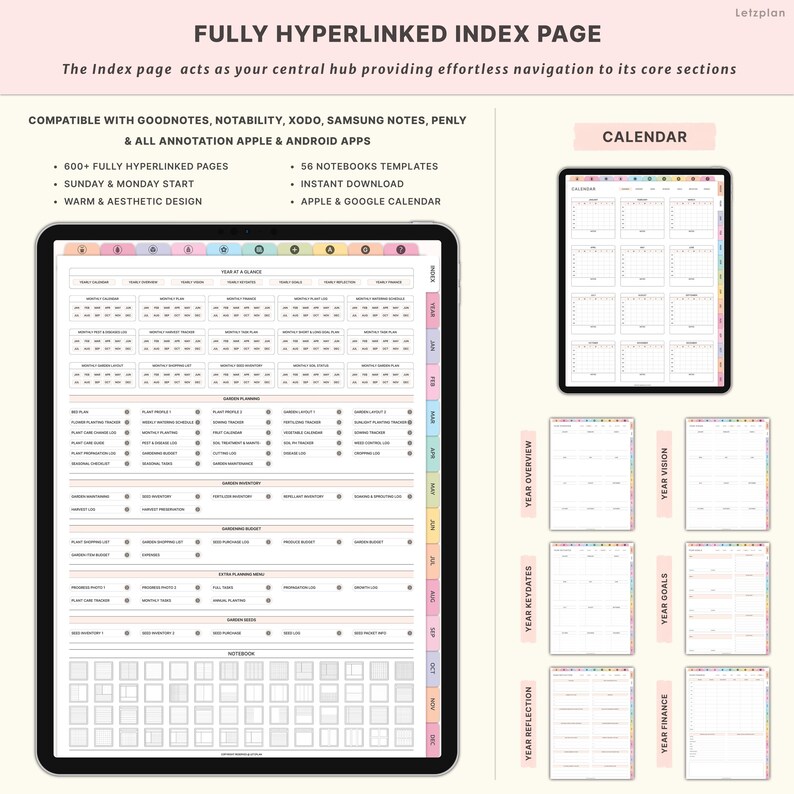 May include: A digital planner on a tablet, showcasing a fully hyperlinked index page with calendar and notebook templates. Compatible with Goodnotes, Notability, and other apps. Includes sections for year overview, keydates, goals, and finance.
