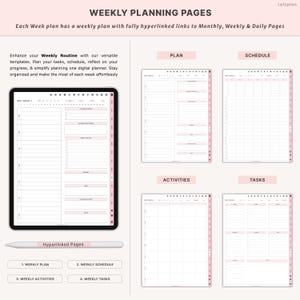 May include: Digital weekly planner pages with pink accents. The image shows a tablet displaying a weekly plan, schedule, activities, and tasks. A stylus and labeled buttons for each section are also visible. Text includes "Weekly Planning Pages" and "Hyperlinked Pages."