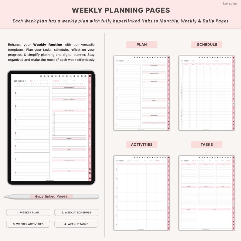 May include: Digital weekly planner pages with pink accents. The image shows a tablet displaying a weekly plan, schedule, activities, and tasks. A stylus and labeled buttons for each section are also visible. Text includes "Weekly Planning Pages" and "Hyperlinked Pages."