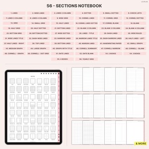May include: A digital notebook with 56 different section layouts, including lined, grid, dotted, and Cornell note styles. The notebook is displayed on a tablet with a pink border, showcasing various page designs for note-taking and planning.