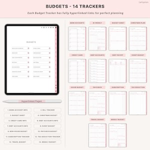 May include: Digital budget planner with 14 trackers, including bank accounts, credit card, and debt accounts. The planner is displayed on a tablet with a stylus, and features hyperlinked pages for easy navigation. The text reads "BUDGETS - 14 TRACKERS".