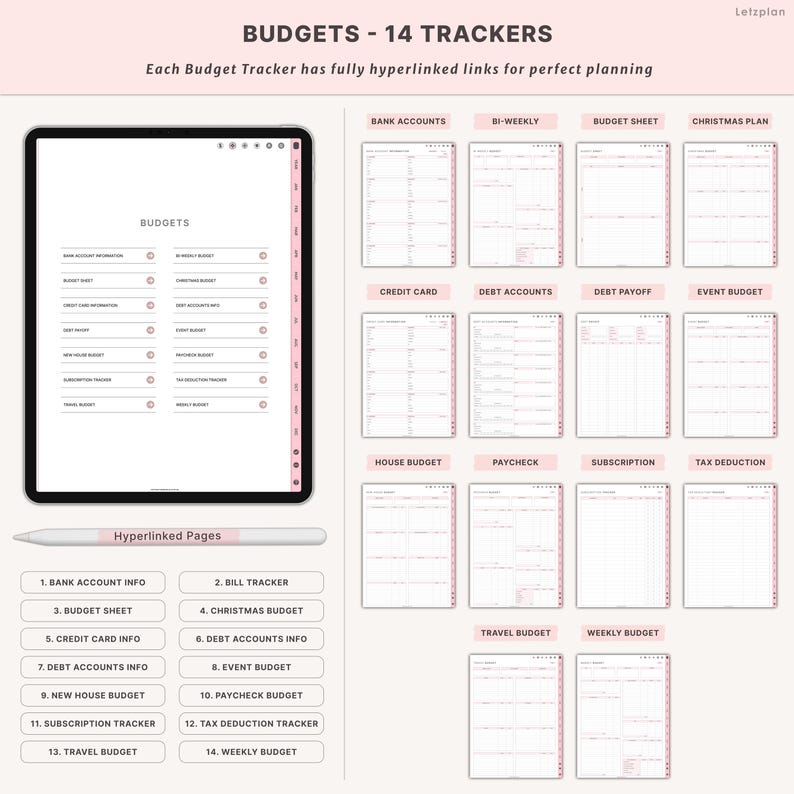 May include: Digital budget planner with 14 trackers, including bank accounts, credit card, and debt accounts. The planner is displayed on a tablet with a stylus, and features hyperlinked pages for easy navigation. The text reads "BUDGETS - 14 TRACKERS".