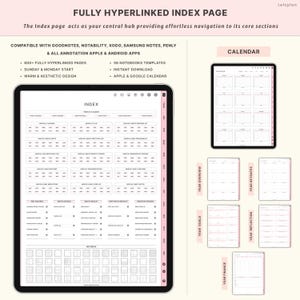Pu&ograve; includere: Pagina indice del planner digitale visualizzata su un tablet, con un layout pulito per la pianificazione mensile e annuale. Il testo recita "FULLY HYPERLINKED INDEX PAGE" ed elenca funzionalit&agrave; come 600+ pagine e compatibilit&agrave; con varie app.