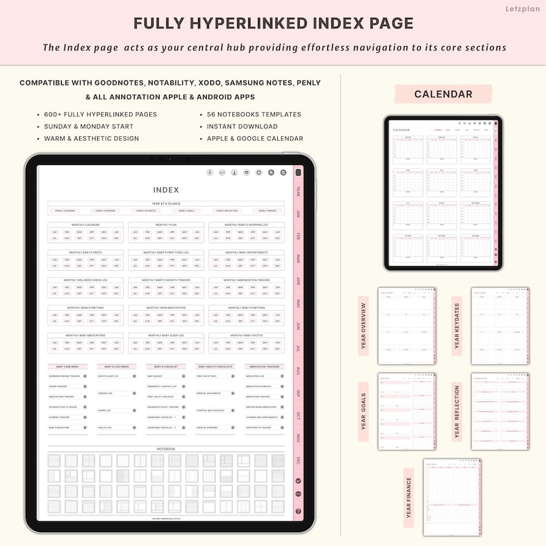 Pu&ograve; includere: Pagina indice del planner digitale visualizzata su un tablet, con un layout pulito per la pianificazione mensile e annuale. Il testo recita "FULLY HYPERLINKED INDEX PAGE" ed elenca funzionalit&agrave; come 600+ pagine e compatibilit&agrave; con varie app.