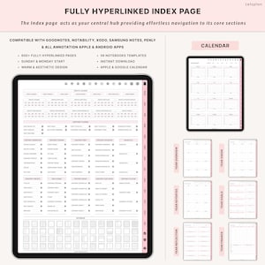 May include: Digital planner with a fully hyperlinked index page. The image shows a black tablet with a pink and white planner layout, including calendar and notebook templates. Text includes "Fully Hyperlinked Index Page" and "Calendar".