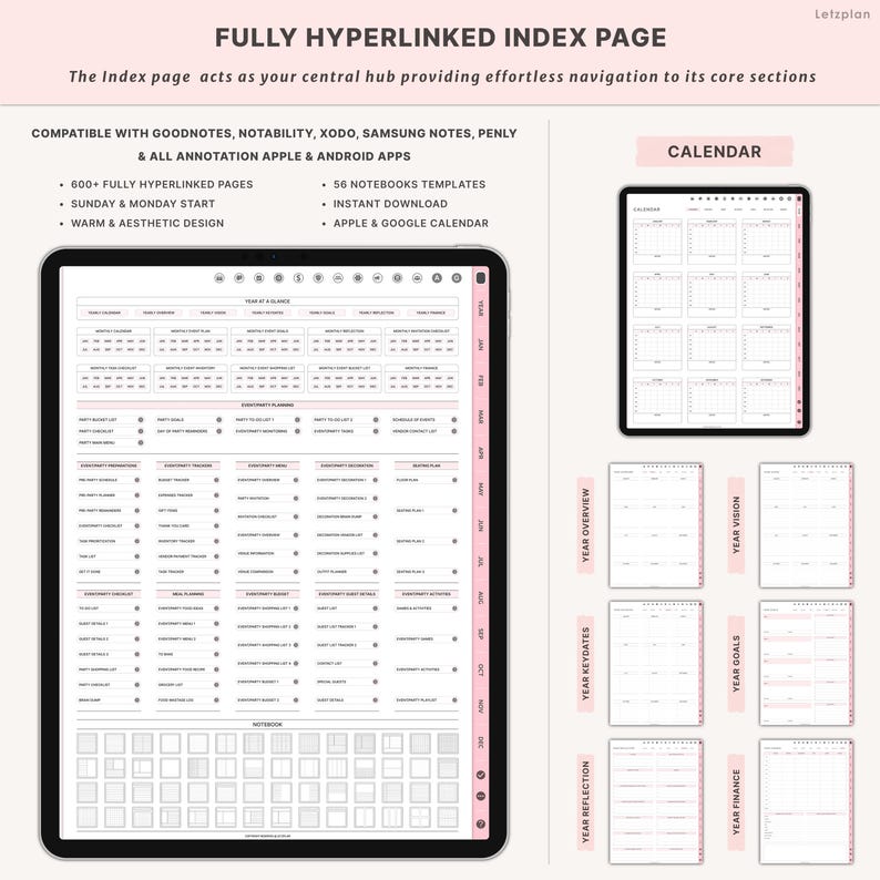 May include: Digital planner with a fully hyperlinked index page. The image shows a black tablet with a pink and white planner layout, including calendar and notebook templates. Text includes "Fully Hyperlinked Index Page" and "Calendar".