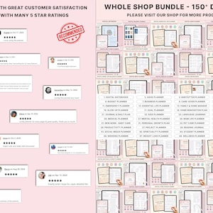 May include: Image features a collection of digital planners and customer reviews. The planners are displayed on tablets, showcasing various organizational tools. Customer testimonials with 5-star ratings are also visible, along with text that reads "Bestselling Products" and "Recommended."
