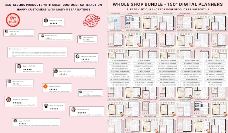 May include: Image features a collection of digital planners and customer reviews. The planners are displayed on tablets, showcasing various organizational tools. Customer testimonials with 5-star ratings are also visible, along with text that reads "Bestselling Products" and "Recommended."