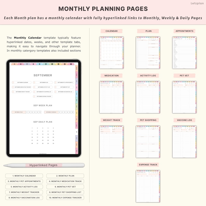 May include: Digital planner pages with a monthly calendar, plan, appointments, medication, activity log, pet vet, weight track, pet shopping, vaccine log, and expense track. The planner is displayed on a tablet with a stylus.