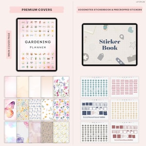 May include: Digital planner and sticker book set. The Gardening Planner features a pink cover with gardening icons. The Sticker Book has a light background with various stickers. Additional covers and sticker sheets are also displayed.