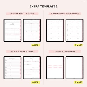 Pu&ograve; includere: Immagine di modelli di pianificatore digitale su tablet neri. I modelli includono liste di controllo sanitarie, mediche e di contatti di emergenza. Il testo "EXTRA TEMPLATES" e gli accenti rosa sono visibili.